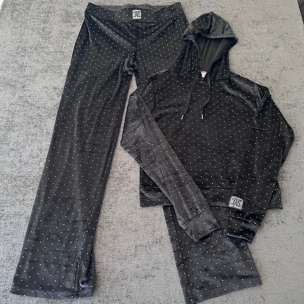 Juicy Couture Sleepwear 2 Piece Set Women S Black Velour Rhinestone Hoodie Pants